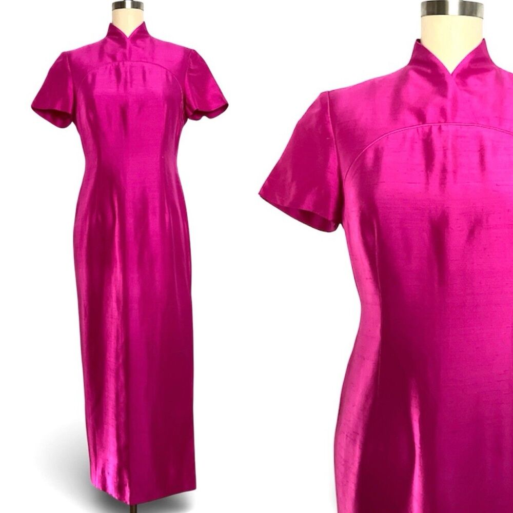 VTG 90s Dana Buchman Sz 2 XS/S 100% Silk Fuchsia Pink Choengsam Asian Maxi Dress